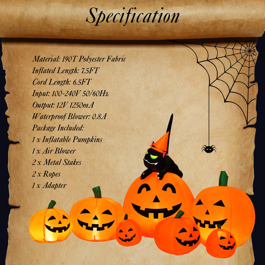 Halloween Inflatable Pumpkin Combo with Witch and Black Cat - 7.5 Feet, Includes Variation of 7 Pumpkins with Cat