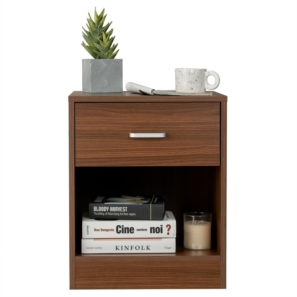 Modern Wooden Nightstand with Drawer and Open Storage - Brown