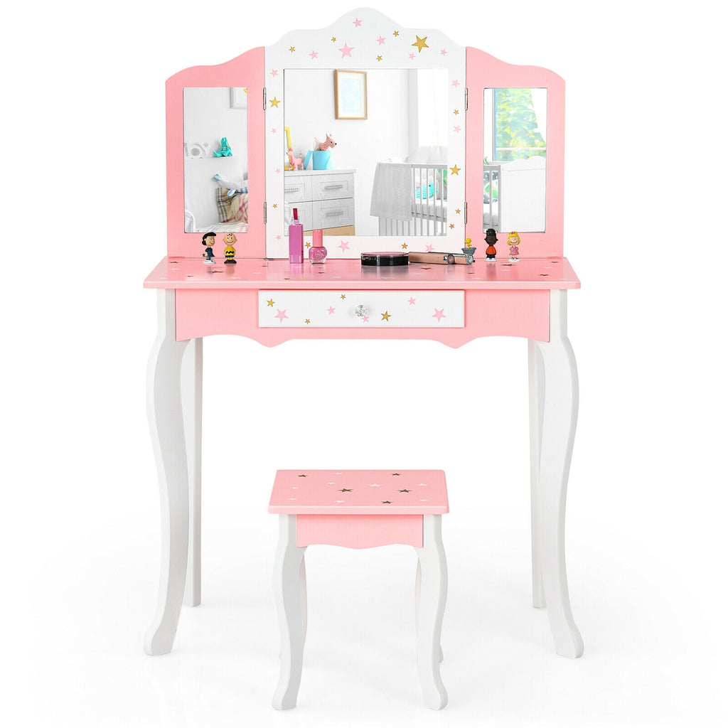 Kids Princess Vanity Table and Stool Set with Tri-Fold Mirror - Pink - Kids Bedroom Furniture