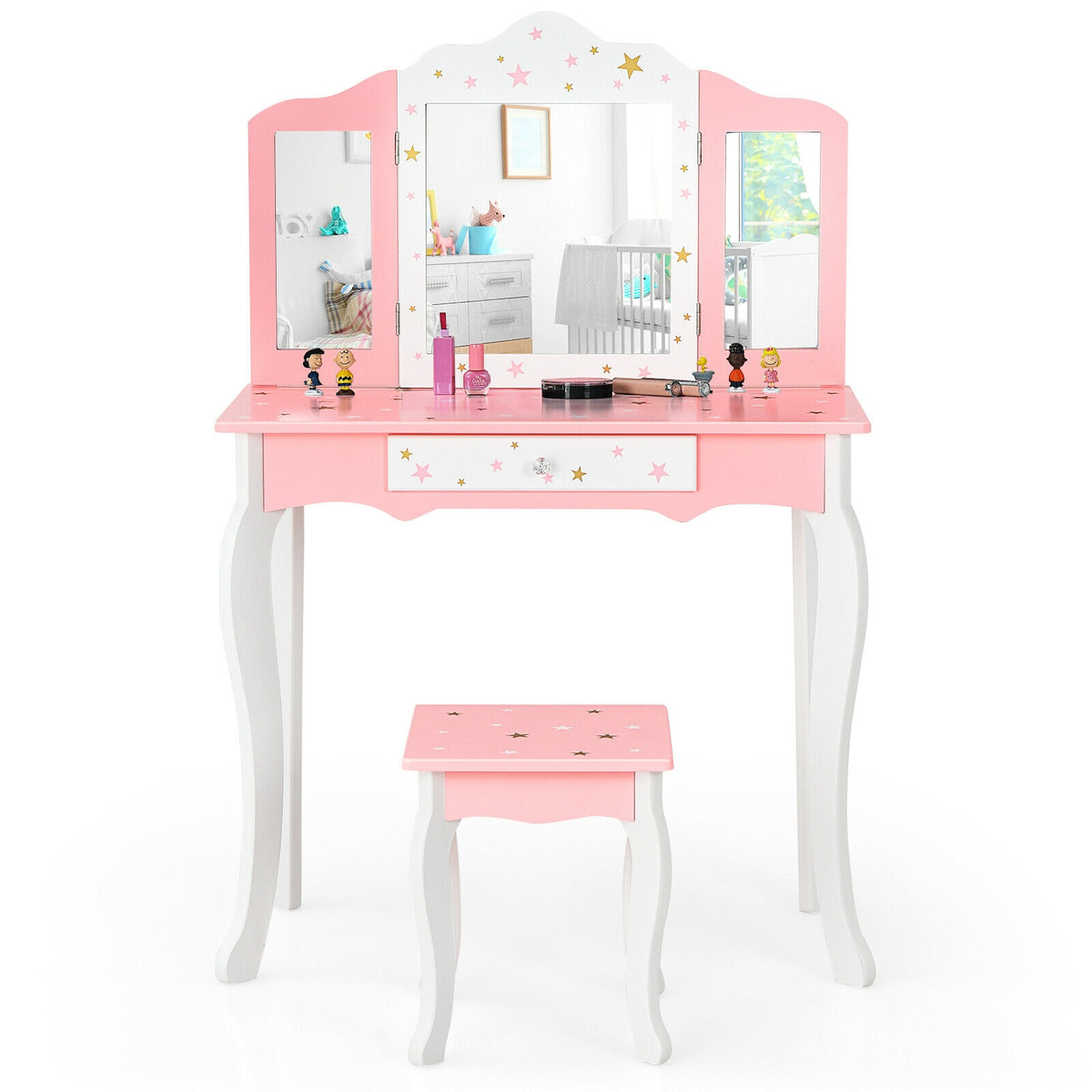 Kids Princess Vanity Table and Stool Set with Tri-Fold Mirror - Pink - Kids Bedroom Furniture
