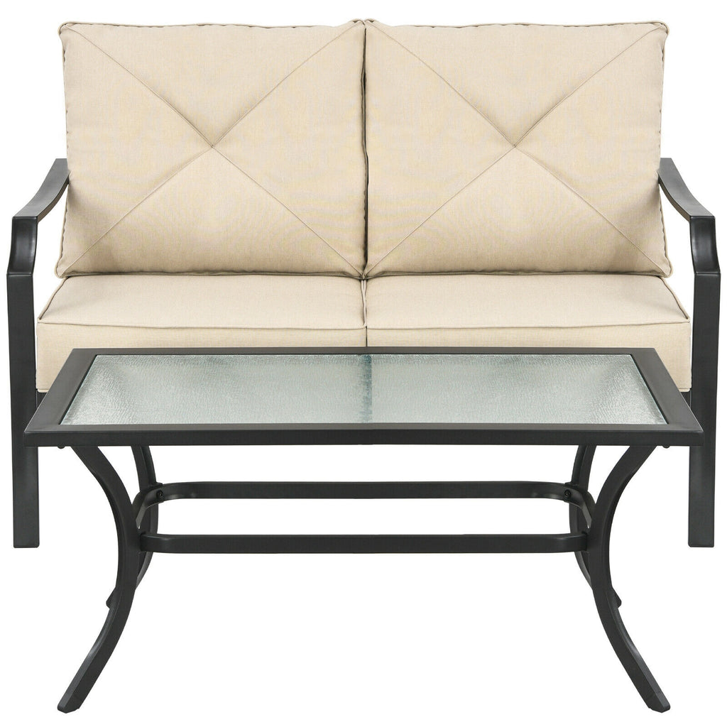 2 Pieces Patio Outdoor Cushioned Sofa Bench with Coffee Table