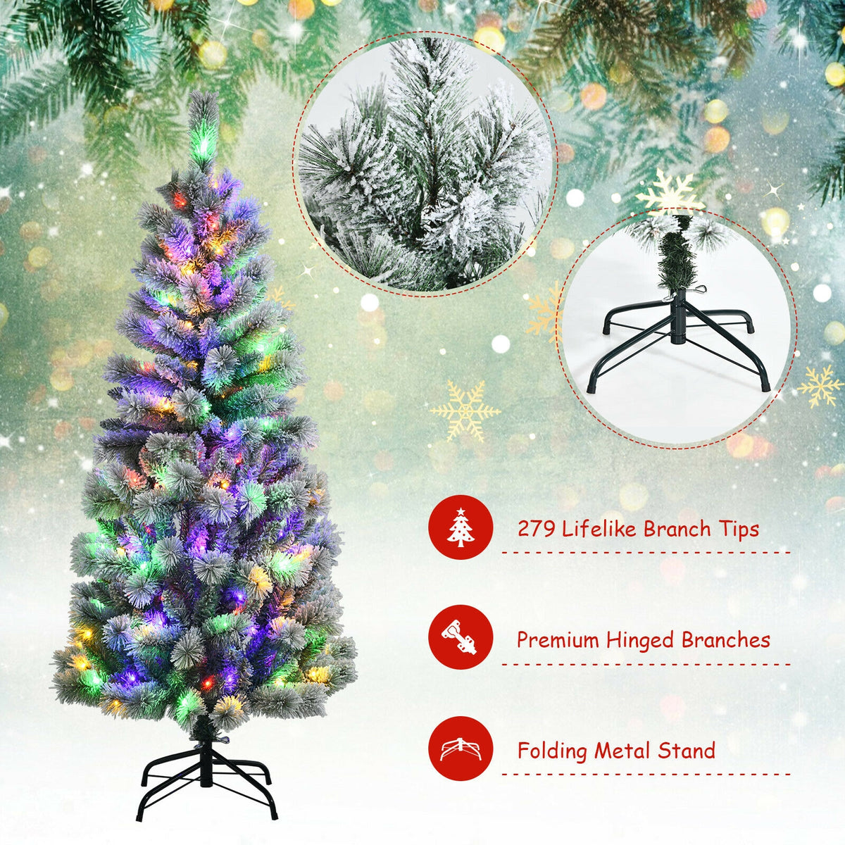 5/6/7.5/8 Feet Pre-lit Snow Flocked Christmas Tree with 9 Lighting Modes - Foldable & Sturdy Stand