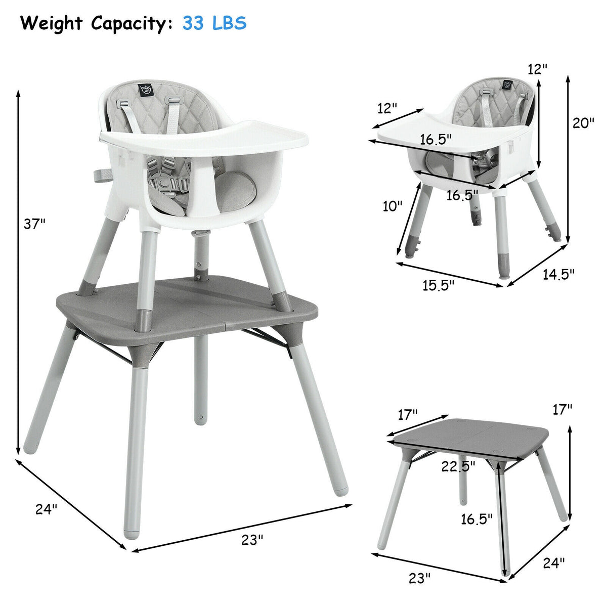 4-in-1 Baby Convertible Toddler Table Chair Set with PU Cushion - Gray
