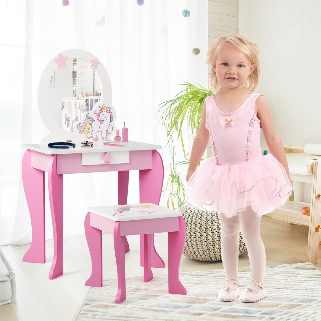 Kids Vanity Set Makeup Dressing Table and Chair with Mirror & Drawer - Pink