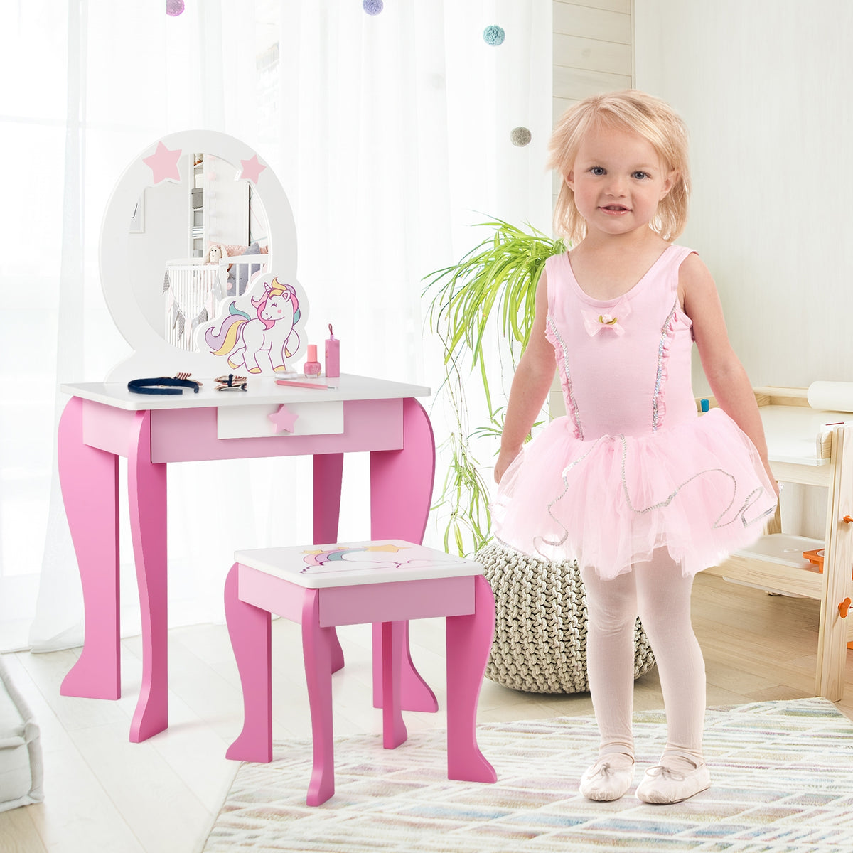Kids Vanity Set Makeup Dressing Table and Chair with Mirror & Drawer - Pink