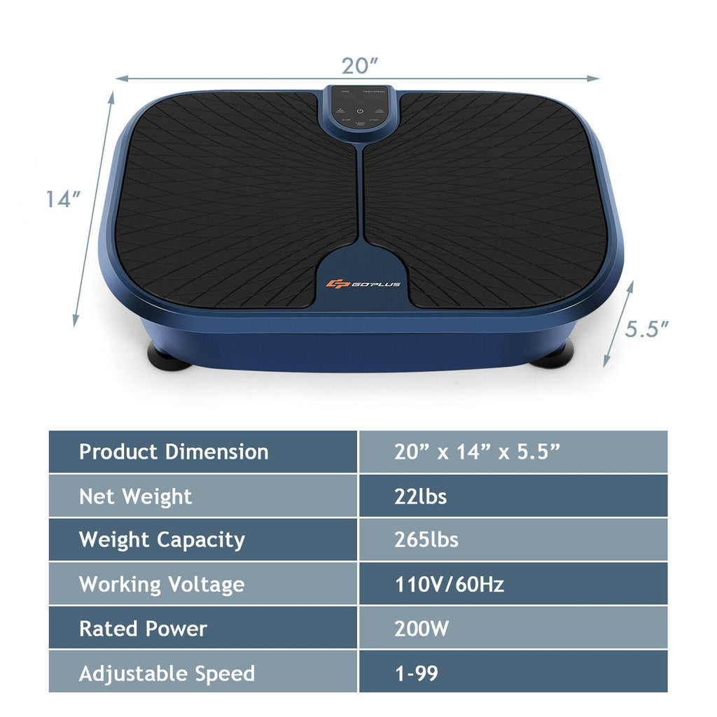 Mini Vibration Plate Exercise Machine with Remote & Loop Bands - 9 Presets, Blue, Compact Fitness Equipment