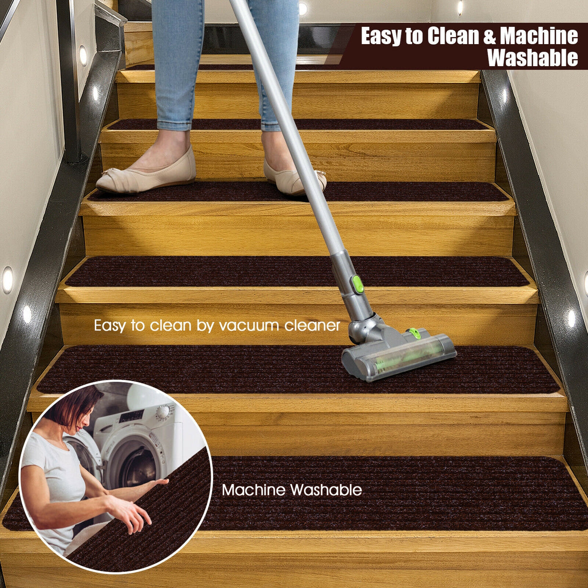 Brown Non-Slip Stair Treads Carpet Set - 15 Pieces, 30 x 8 Inch, Reusable & Waterproof