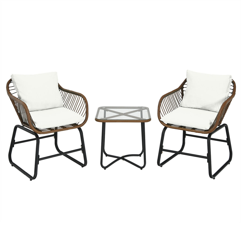 Patio Bistro Set with Cushions and Glass Table, White