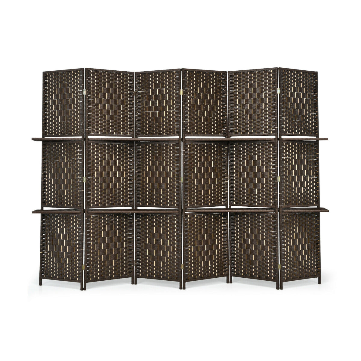 Brown 6-Panel Folding Fiber Room Divider with 2 Display Shelves - Natural Home Decor
