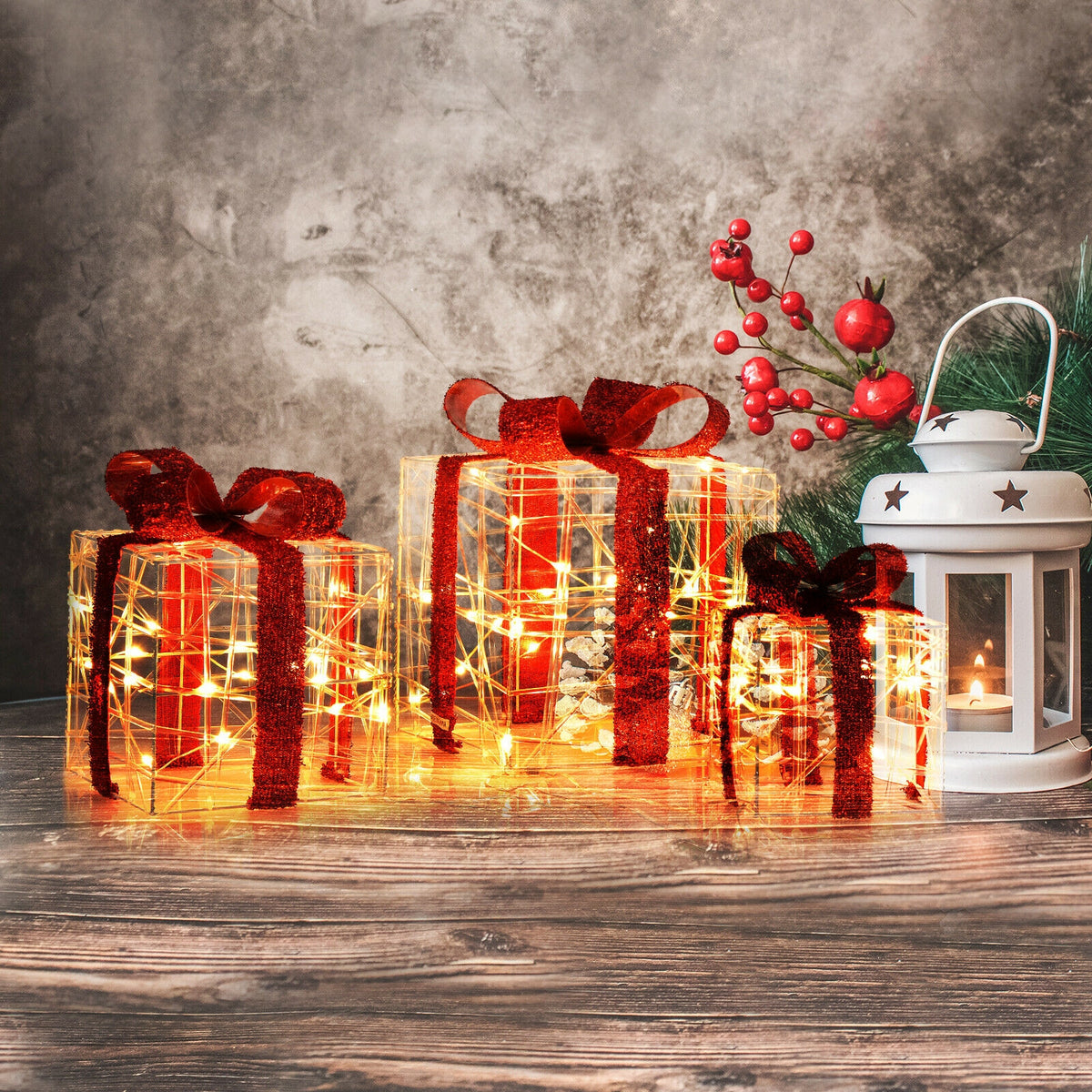 Set of 3 Christmas Lighted Gift Boxes Decorations with 60 LED Lights - Indoor & Outdoor