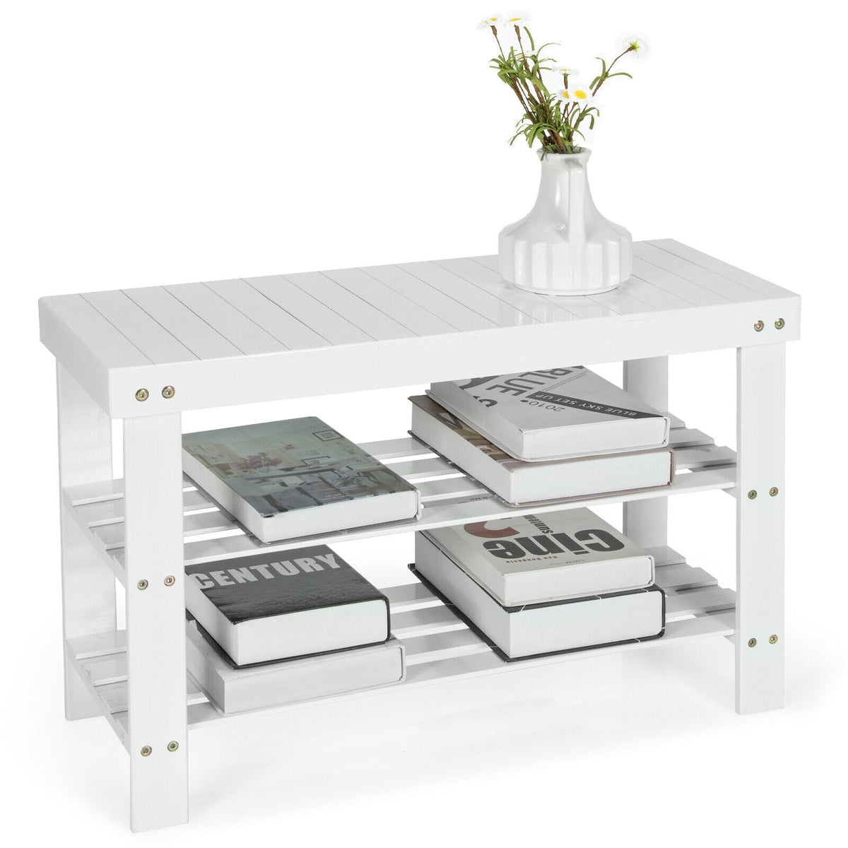3-Tier Bamboo Shoe Rack Bench, White