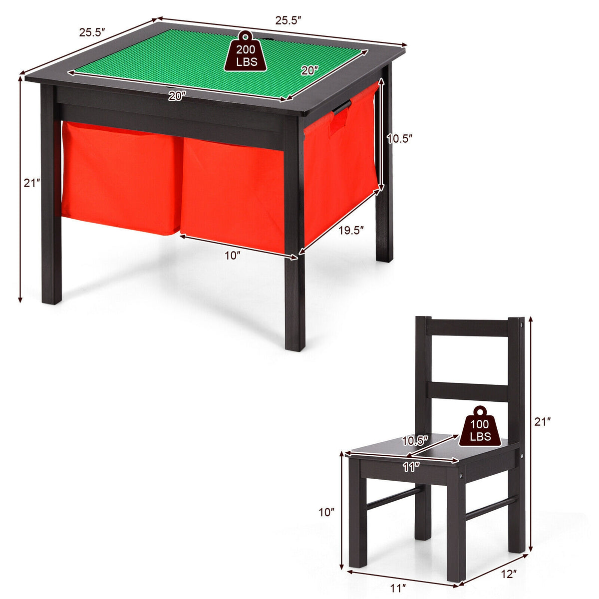 Kids Activity Table and 2 Chairs Set with Storage - Dark Brown