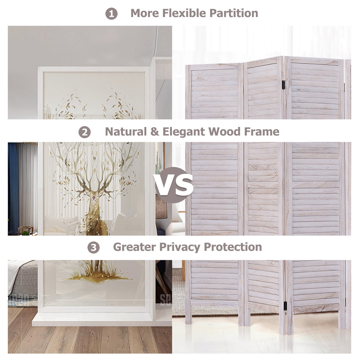 White 6-Panel Classic Venetian Wooden Room Divider Screen - Costway