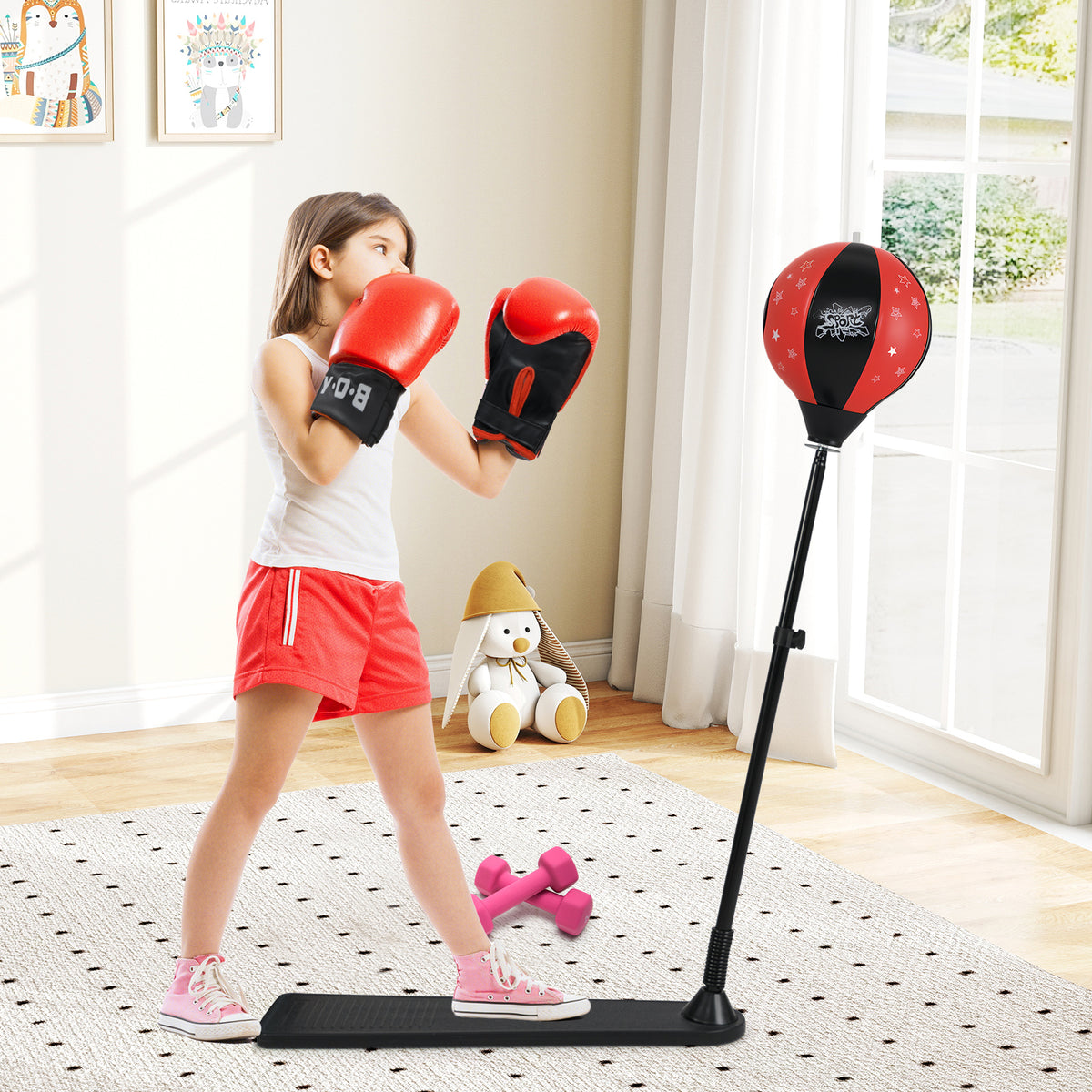 Kids Adjustable Punching Bag Stand with Gloves & Safety Cover - Colorful