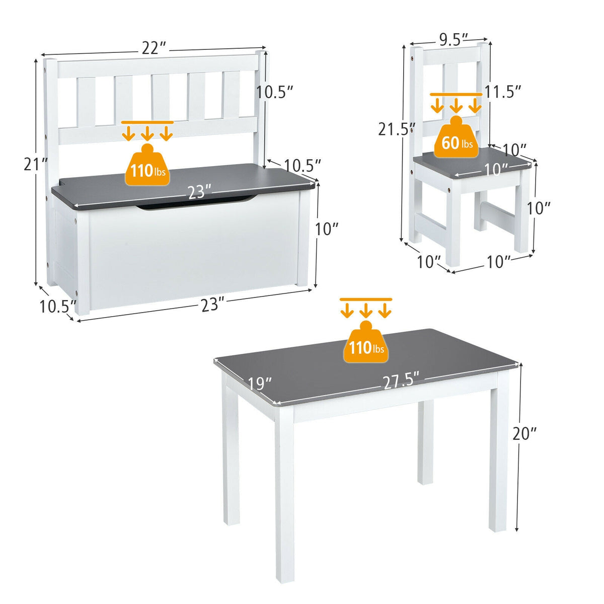 Kids Wooden Activity Table and Chairs Set with Storage Bench - Gray, 4 Pieces (Variation of THIS listing)
