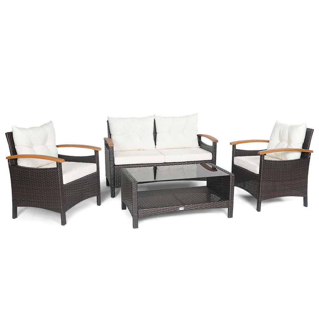 4 Pieces Patio Rattan Furniture Set with Cushioned Sofa and Storage