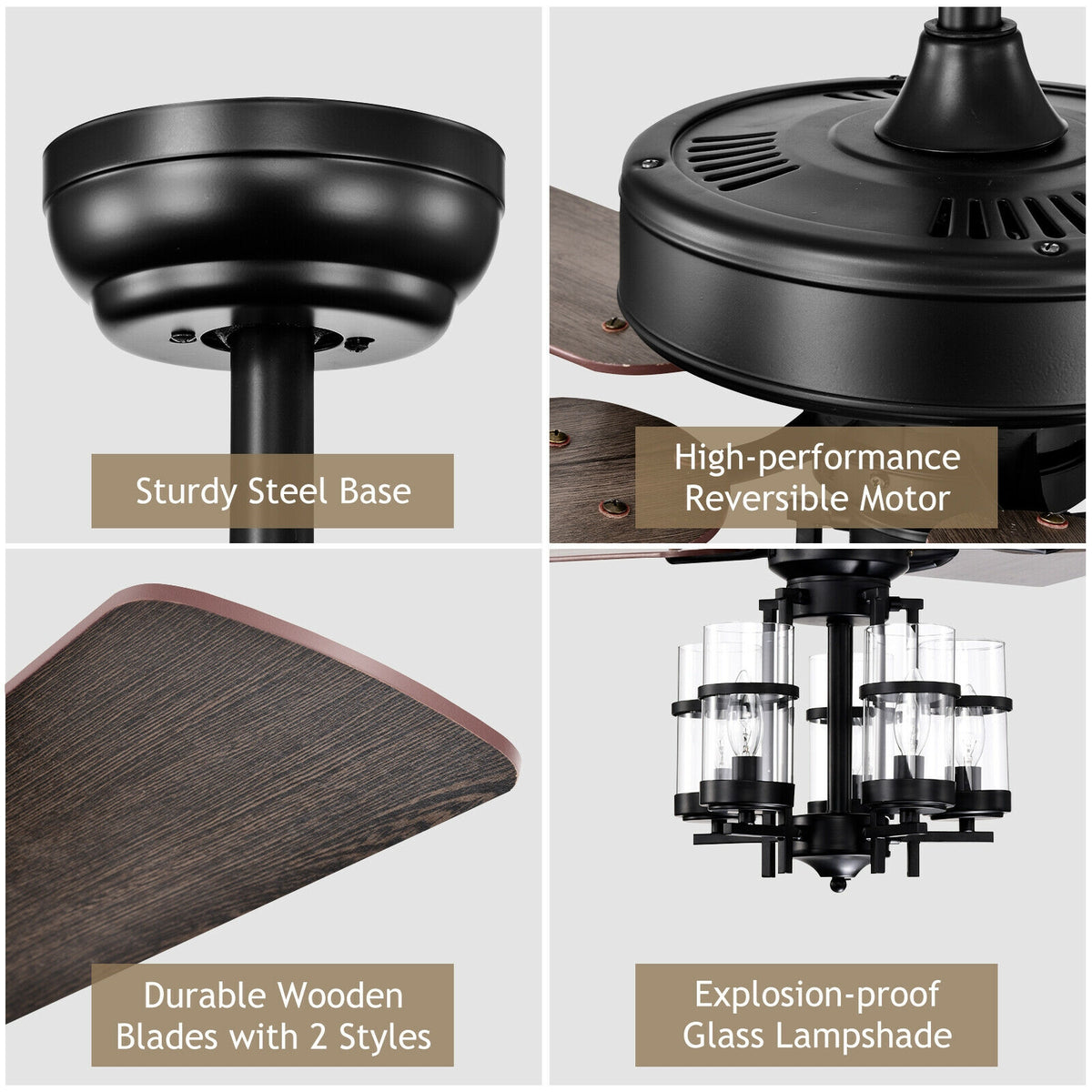 50 Inch Noiseless Ceiling Fan Light with Explosion-Proof Glass Shades - Black Variation