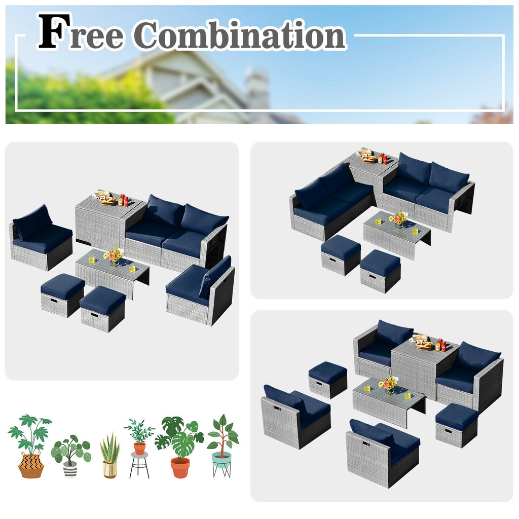 8-Piece Patio Rattan Furniture Set with Cushions & Cover - Gray, Navy