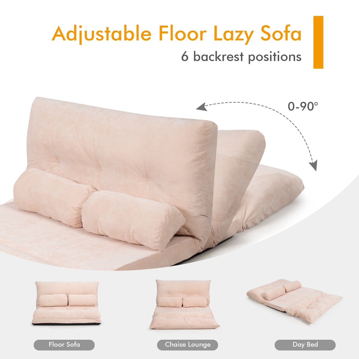 6-Position Adjustable Sleeper Lounge Couch with 2 Pillows - Beige