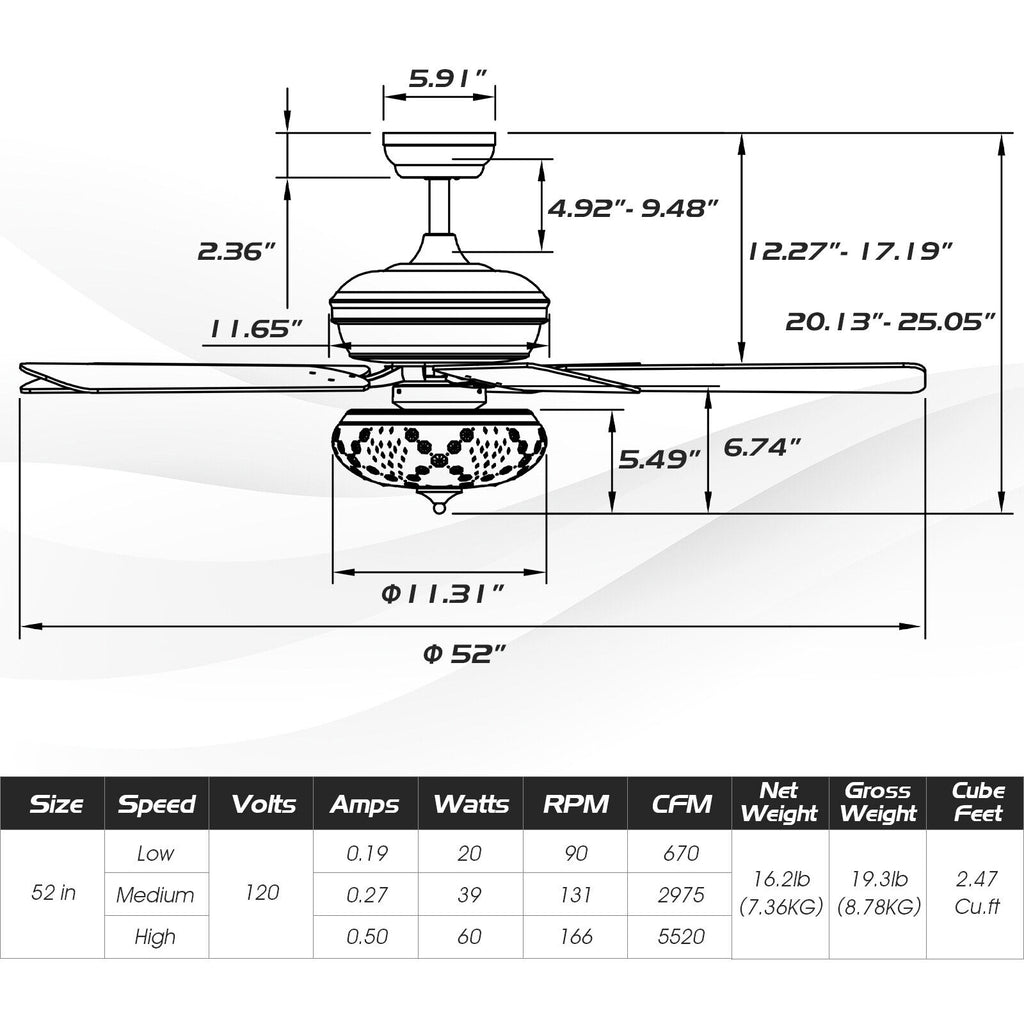 52 Inch Ceiling Fan with 3 Speed Reversible Blades - Black, Remote Control