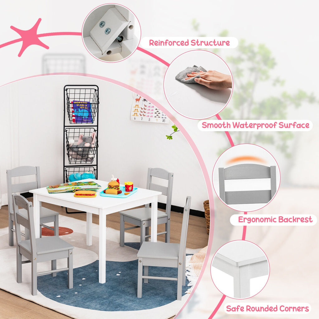 Kids Wooden 5-Piece Table and Chair Set - Rectangular White Playroom Furniture