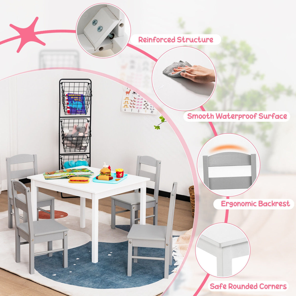 Kids Wooden 5-Piece Table and Chair Set - Rectangular White Playroom Furniture
