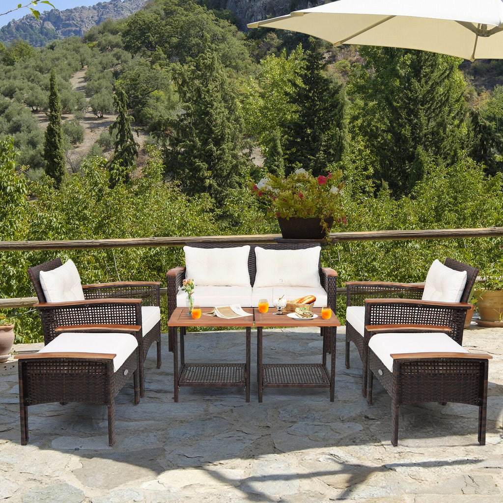 7-Piece Patio Rattan Conversation Set - Loveseat, 2 Chairs, 2 Ottomans, 2 Coffee Tables