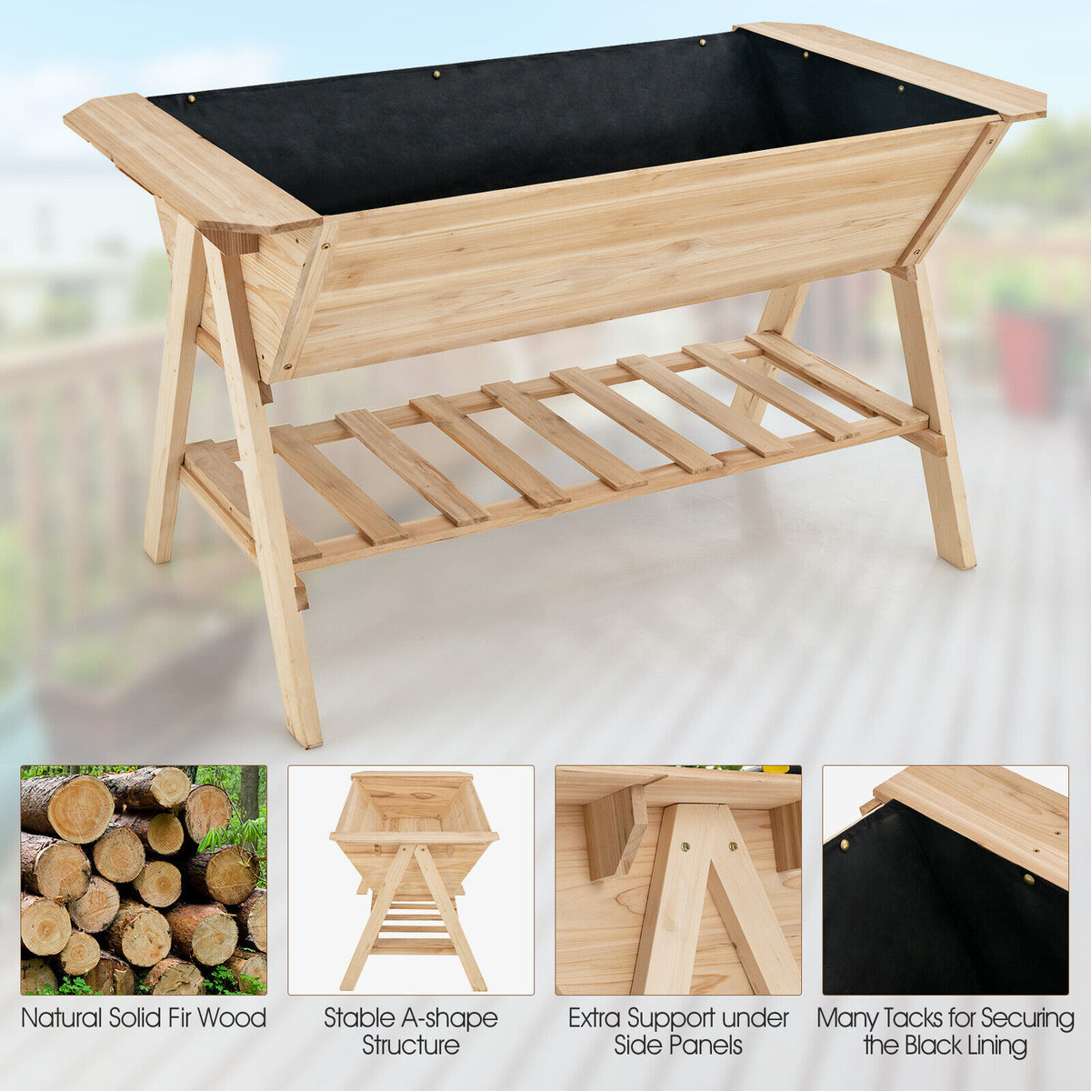 Raised Wood Garden Bed with Shelf and Liner