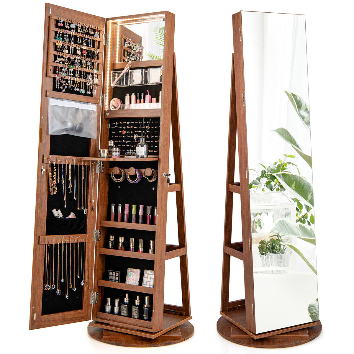 360° Rotating Jewelry Cabinet Armoire with LED Mirror - Dark Brown