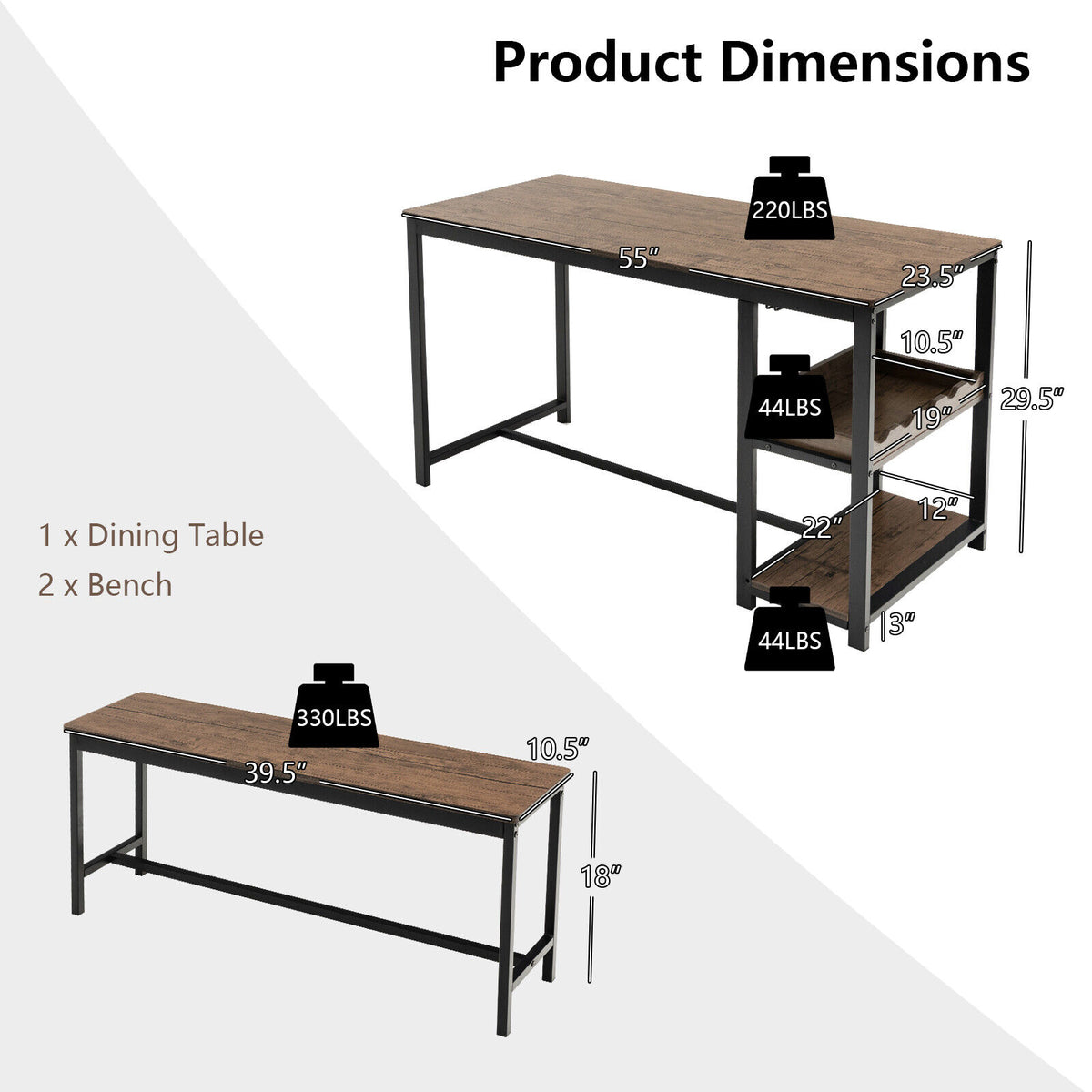 3-Piece Dining Table Set with Wine Rack - Brown