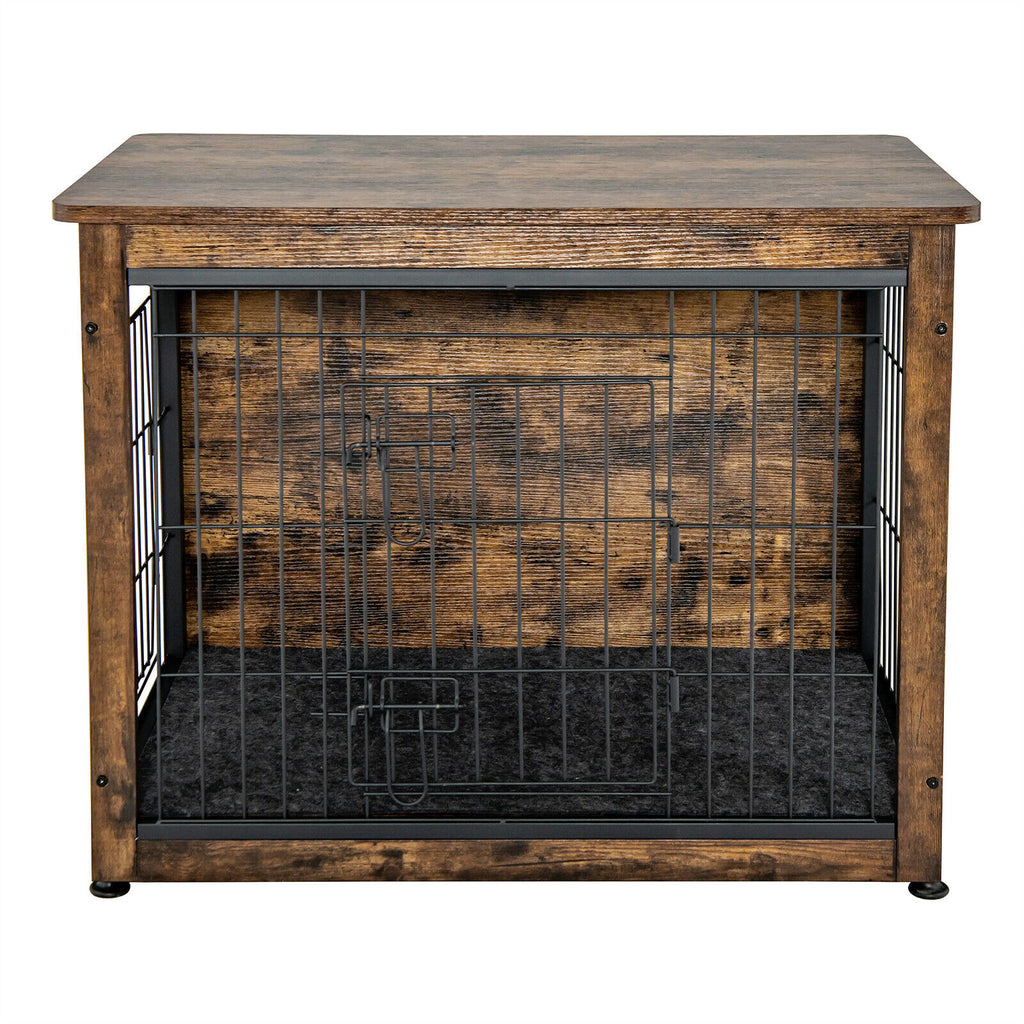 Wooden Dog Crate Furniture with Double Door & Tray - Brown
