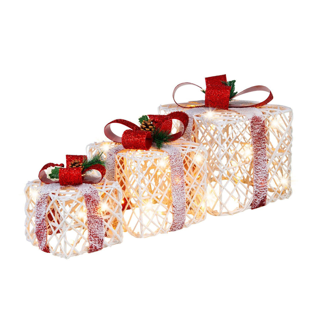Set of 3 Lighted Christmas Gift Boxes Decorations with Red Bows - Indoor Outdoor Holiday Decor