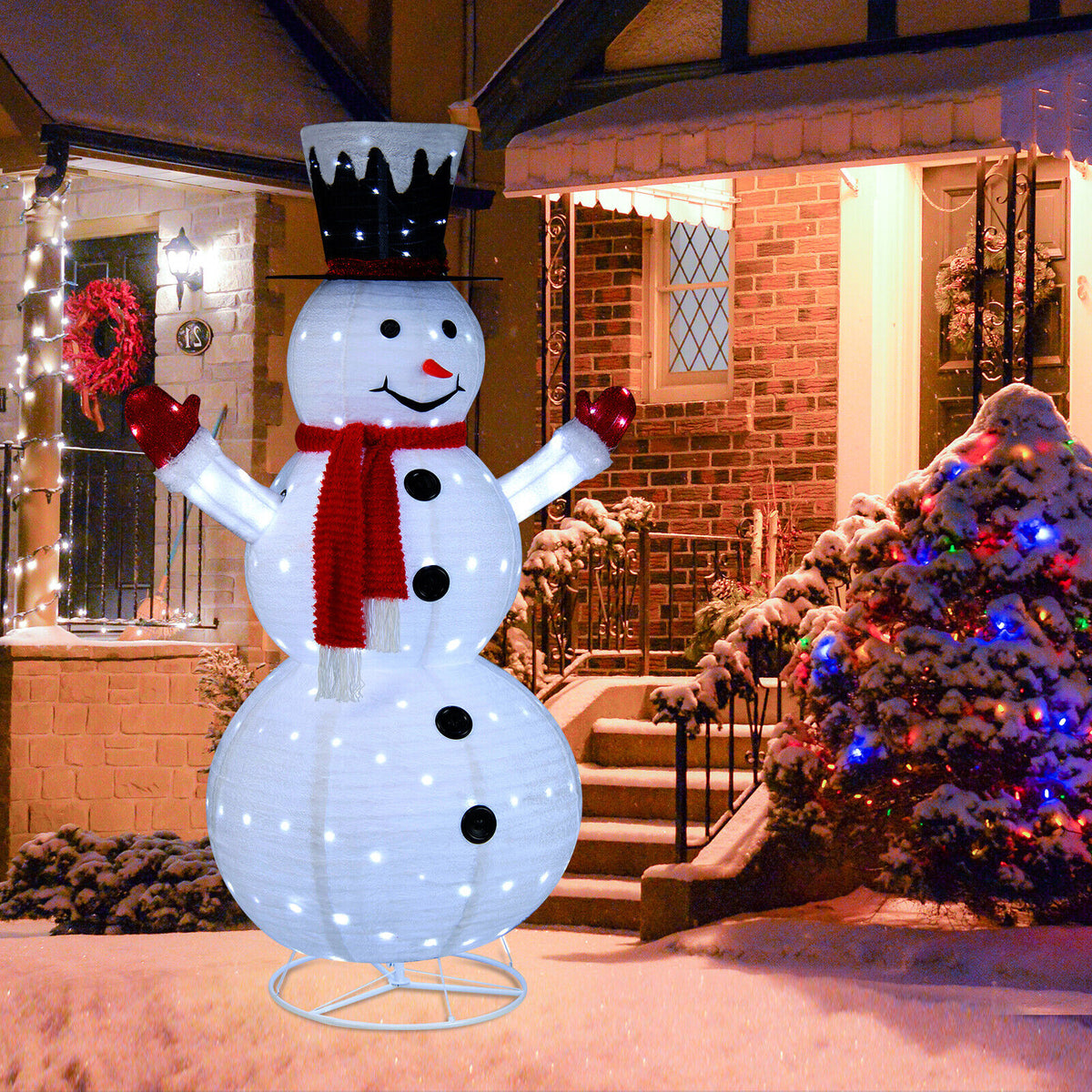 White Lighted Snowman Decor with Top Hat and Red Scarf - 6 Feet