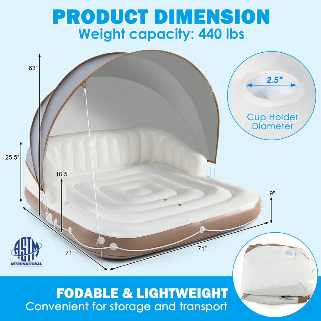 Inflatable Pool Float Lounge with Sunshade and Cup Holders - Swimming Raft