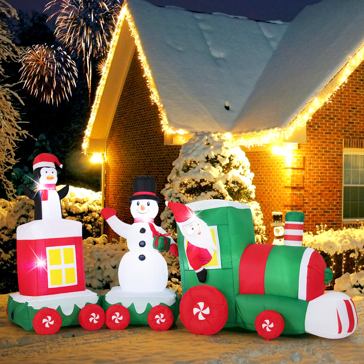 Christmas Inflatable Train with Santa, Snowman & Lights - 11.5 ft Outdoor Decor - Santa Riding Train Variation