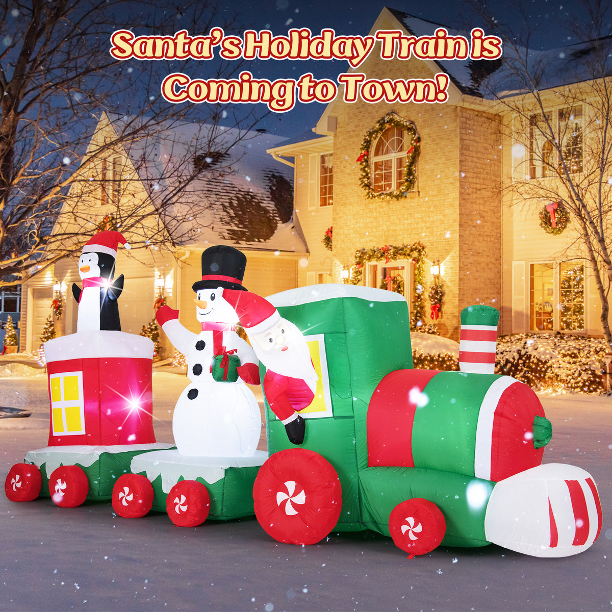 Christmas Inflatable Train with Santa, Snowman & Lights - 11.5 ft Outdoor Decor - Santa Riding Train Variation