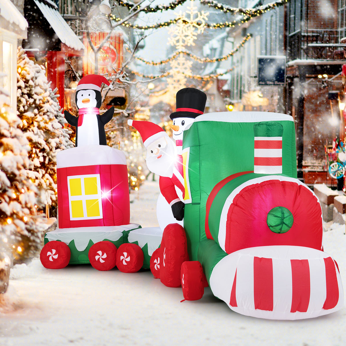Christmas Inflatable Train with Santa, Snowman & Lights - 11.5 ft Outdoor Decor - Santa Riding Train Variation