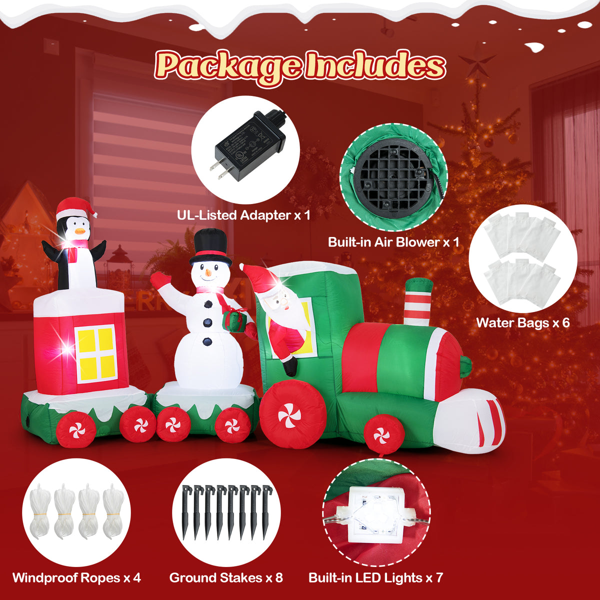 Christmas Inflatable Train with Santa, Snowman & Lights - 11.5 ft Outdoor Decor - Santa Riding Train Variation
