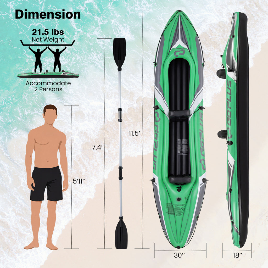 Inflatable Kayak for 2 Persons - 11.5 Feet Heavy Duty with Aluminum Paddles, Green - Costway
