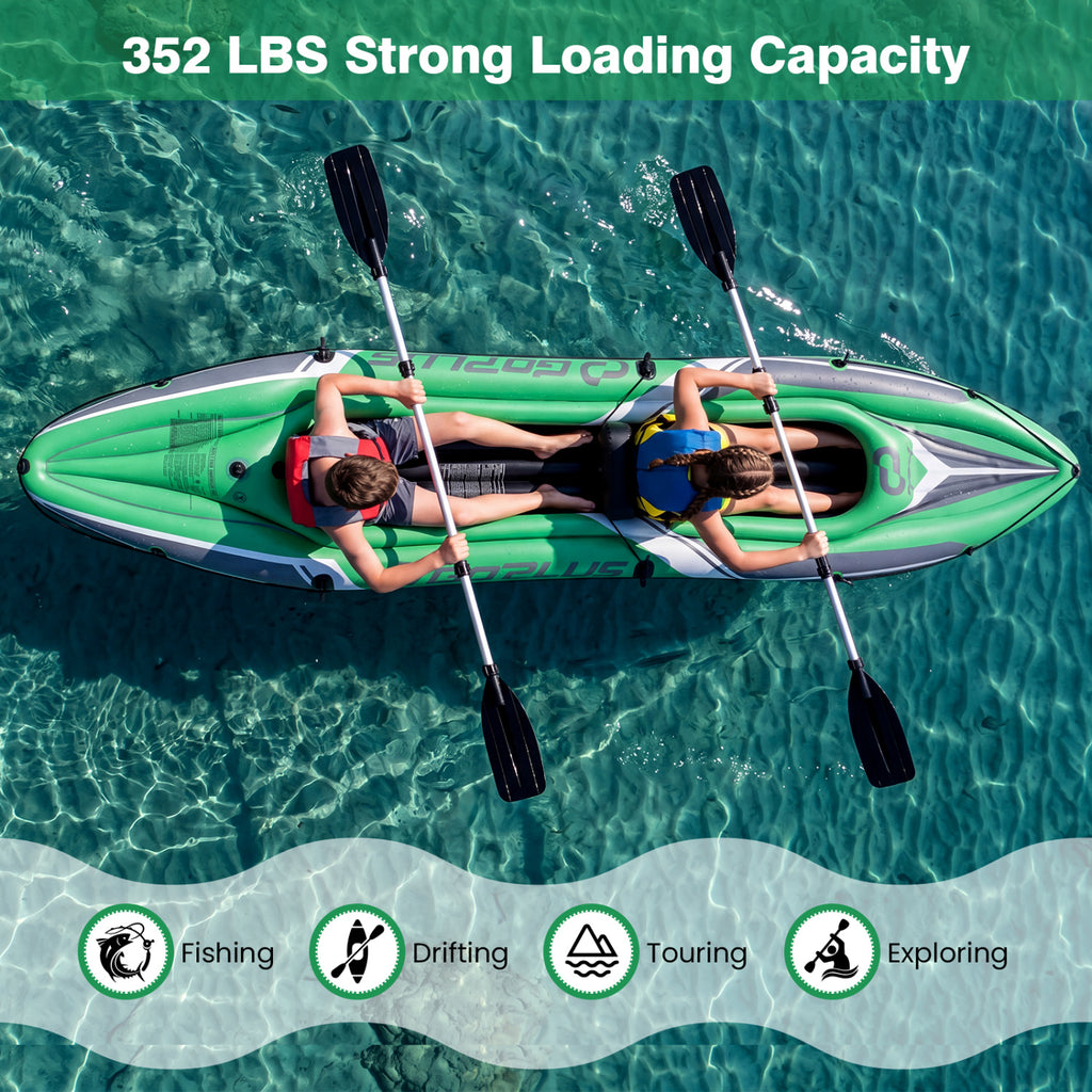 Inflatable Kayak for 2 Persons - 11.5 Feet Heavy Duty with Aluminum Paddles, Green - Costway