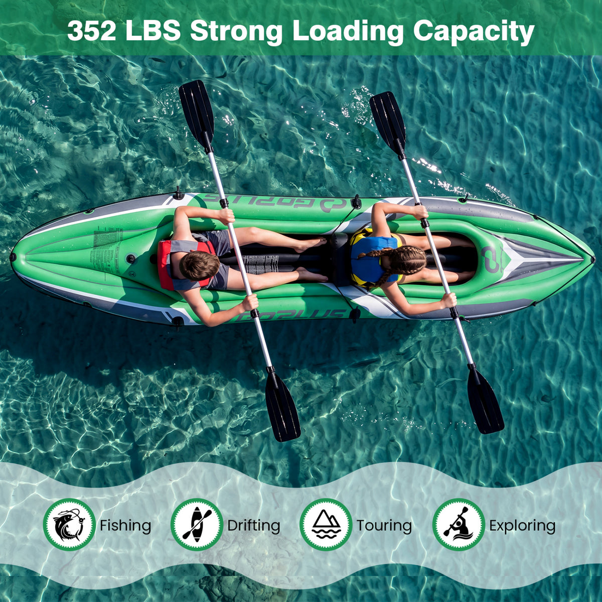 Inflatable Kayak for 2 Persons - 11.5 Feet Heavy Duty with Aluminum Paddles, Green - Costway