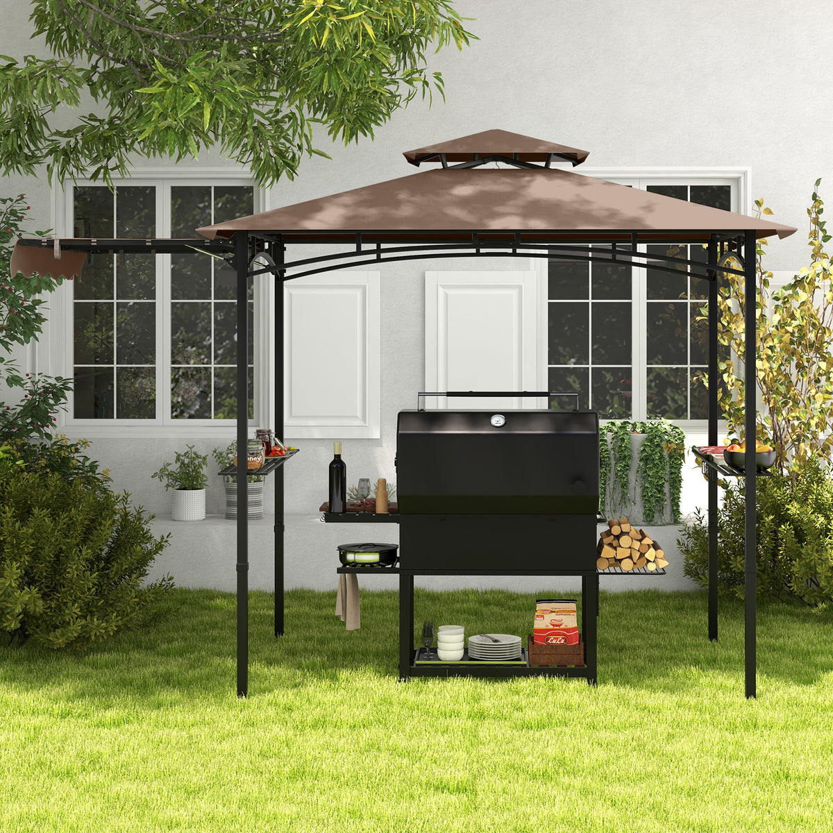 11 x 5 FT Grill Gazebo with Side Awning and Double-Tiered Top