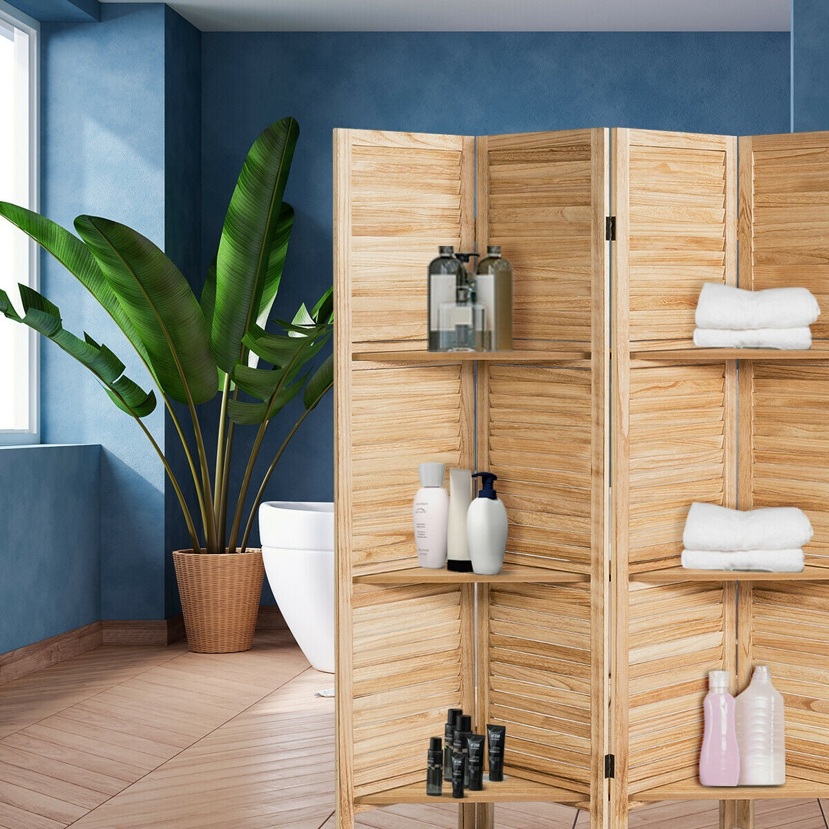 Brown 4 Panel Freestanding Room Divider with Shelves - Folding Privacy Screen