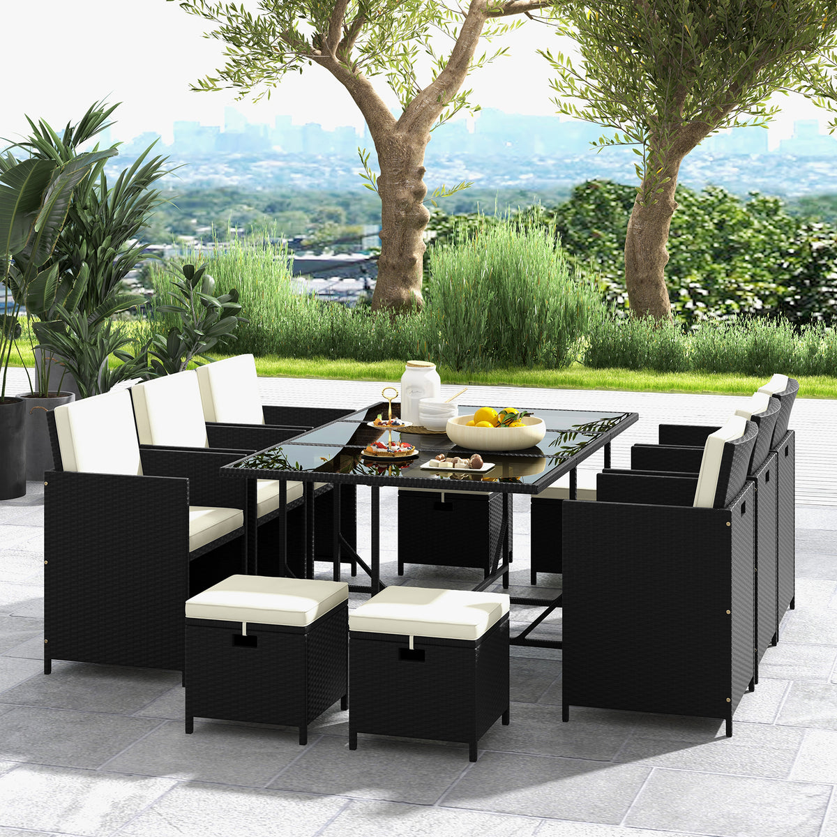 11 Piece Patio Dining Set Wicker Chairs and Tempered Glass Table with