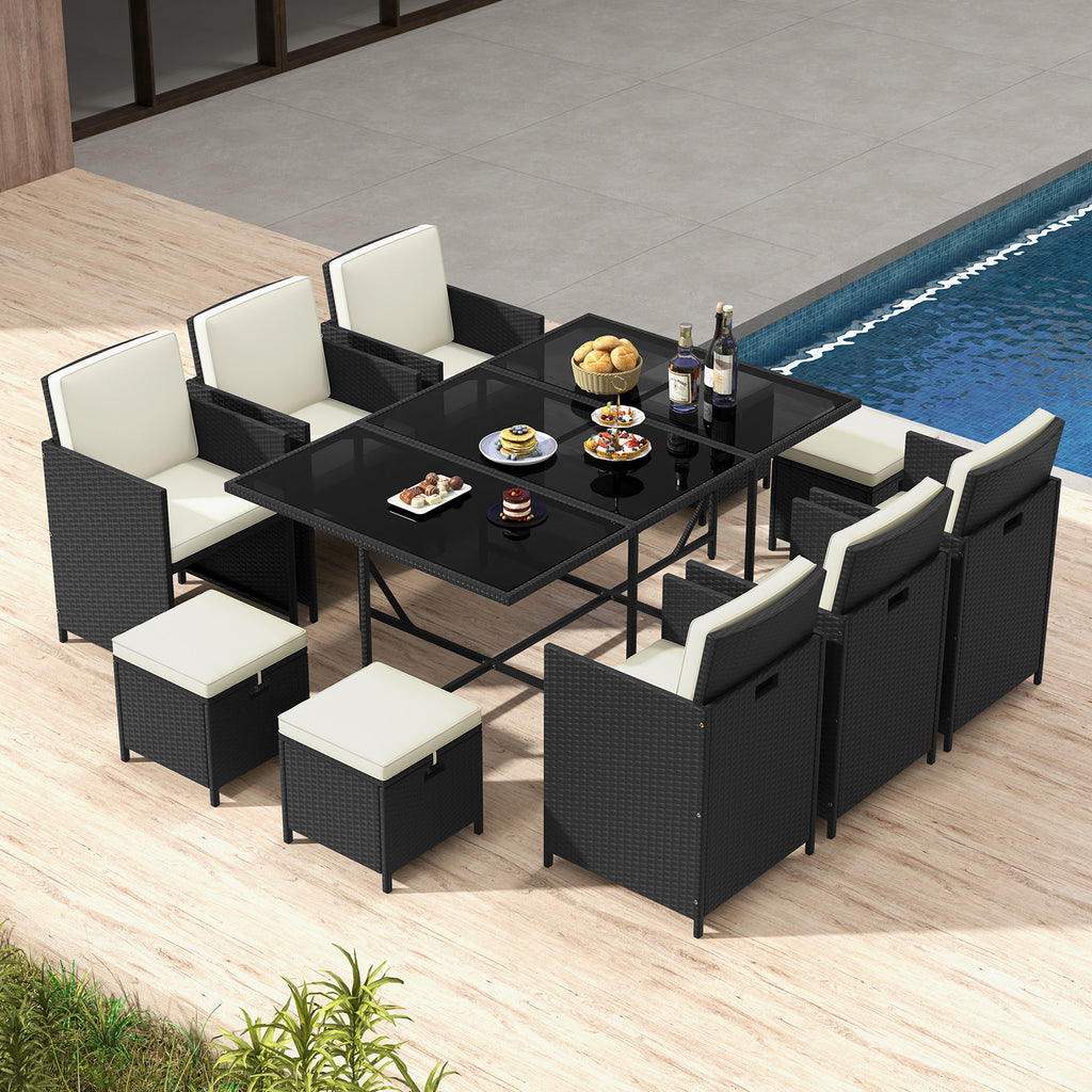11 Piece Patio Dining Set Wicker Chairs and Tempered Glass Table with