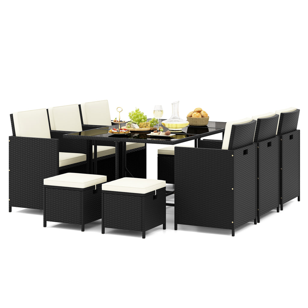 11 Piece Patio Dining Set Wicker Chairs and Tempered Glass Table with