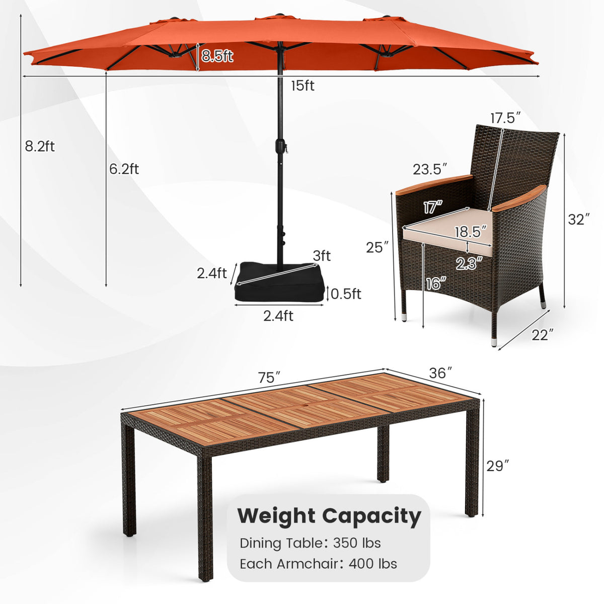11-Piece Patio Dining Set with 15ft Umbrella & Base - Orange