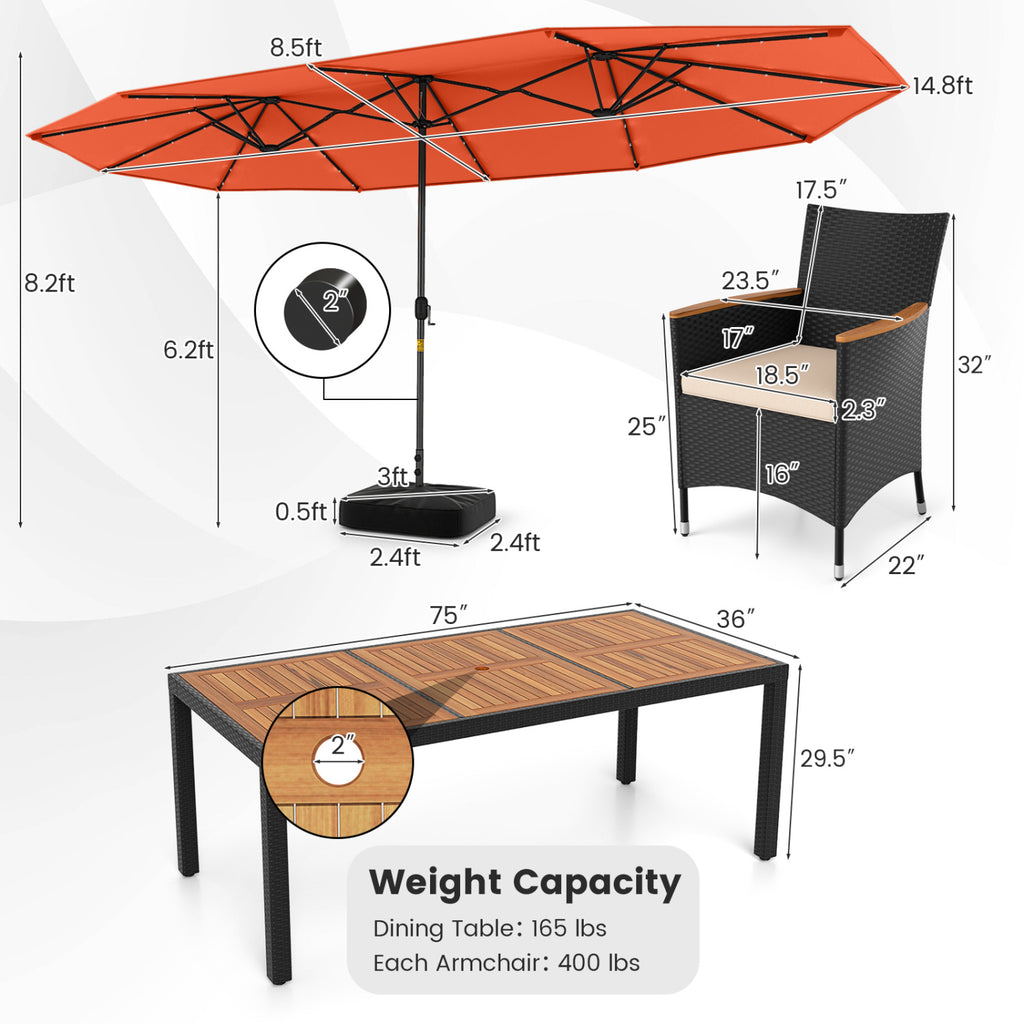 11 Pieces Patio Dining Set with LED Umbrella Base and Seat Cushions