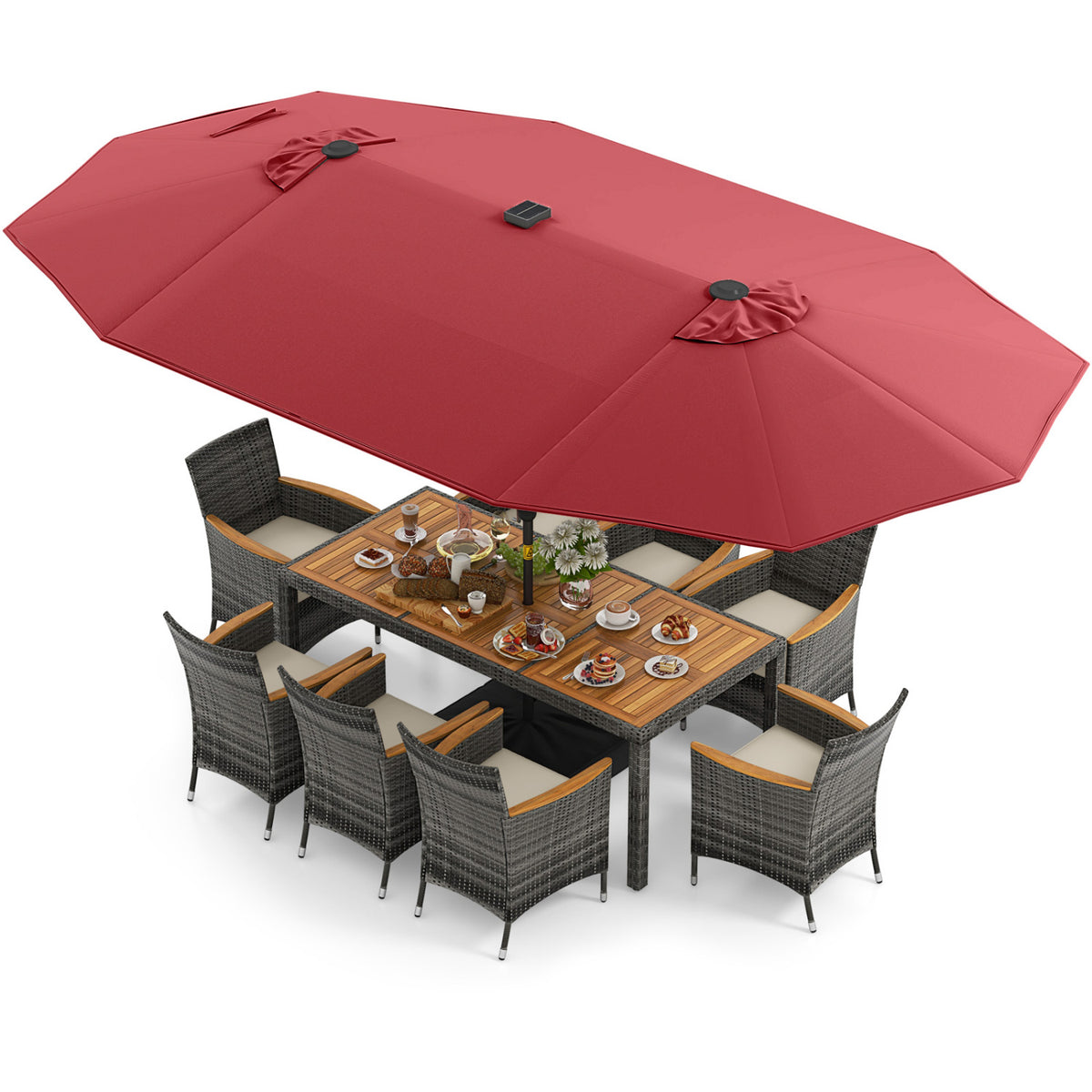 11 Pieces Patio Dining Set with 15 Feet Double-Sided Umbrella Base