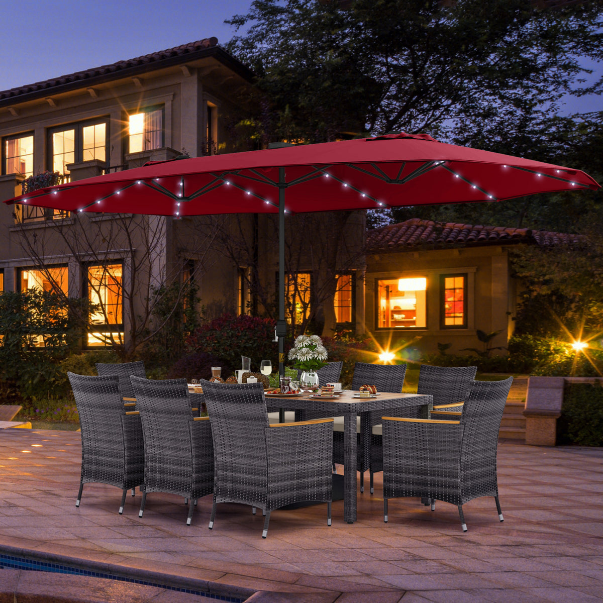 11 Pieces Patio Dining Set with 15 Feet Double-Sided Umbrella Base